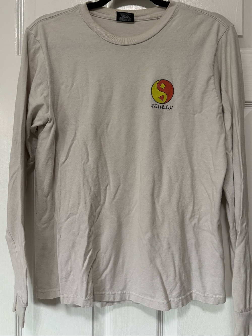 Stussy Long Sleeve Tee in Light Beige with Red & Yellow Logo